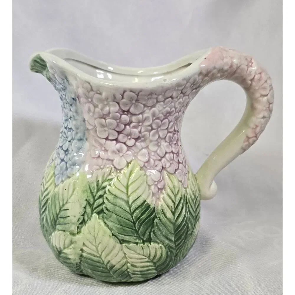 Italian Majolica Style 3D Hydrangea Floral Ceramic Pitcher